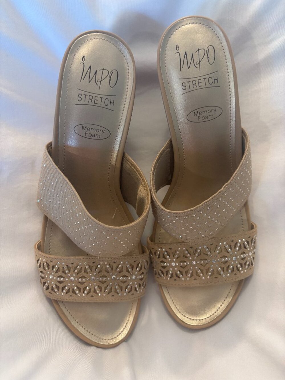 IMPO Slide on memory foam, sandal wedges, tan w/bling  - New WOT sz 9 1/2